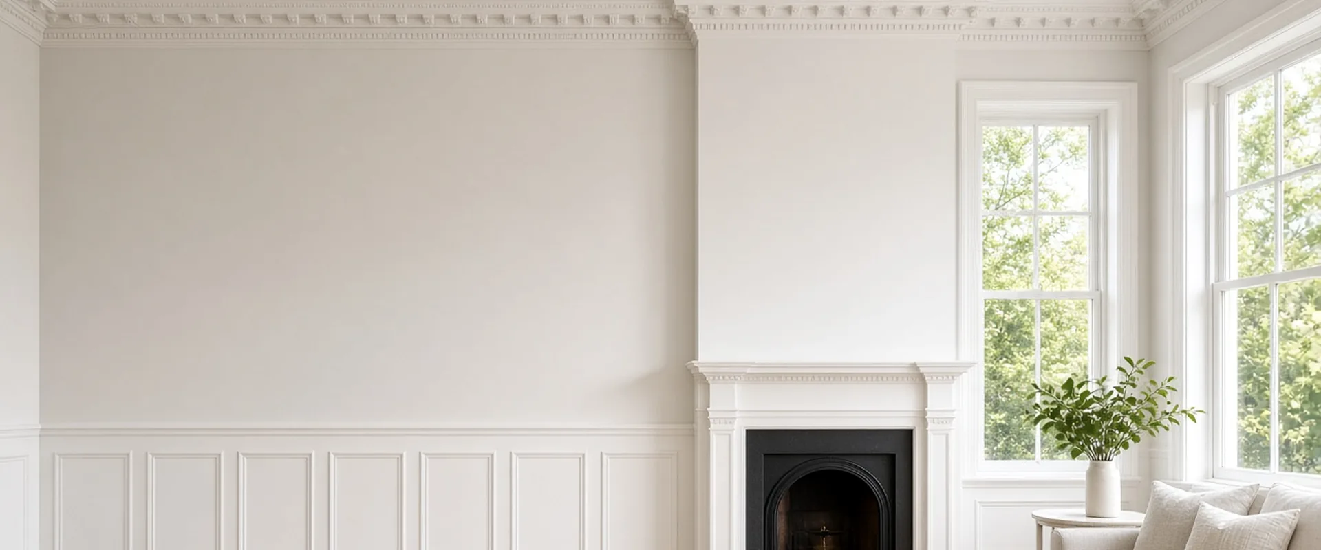 Freshly painted living room with crisp white crown molding, wainscoting and fireplace mantel