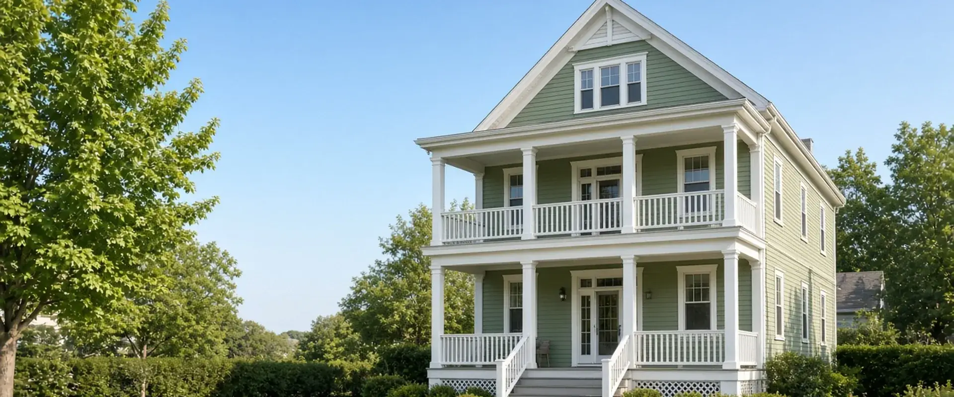 Freshly painted sage green two-family home with stacked white porches on a tree-lined street