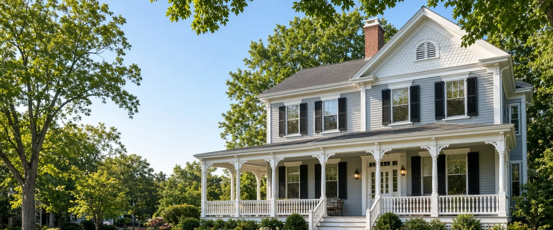 Freshly painted Victorian home with gray-blue clapboard siding, crisp white trim and a wraparound porch on a tree-lined street