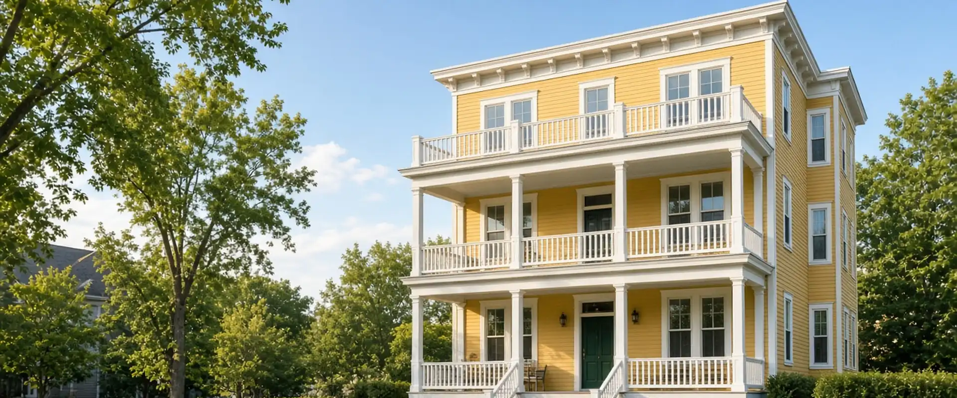 Freshly painted yellow triple-decker home with three stacked white porches and crisp trim on a tree-lined street